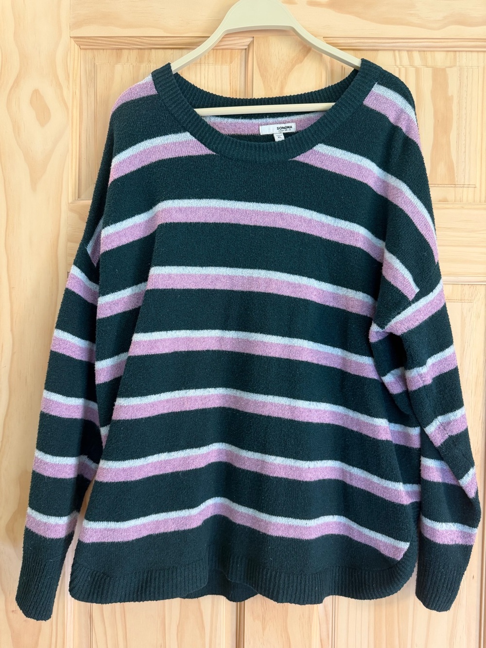 Sonoma Striped Crewneck Sweater in Dark Purple with Pink and Periwinkle Size XL